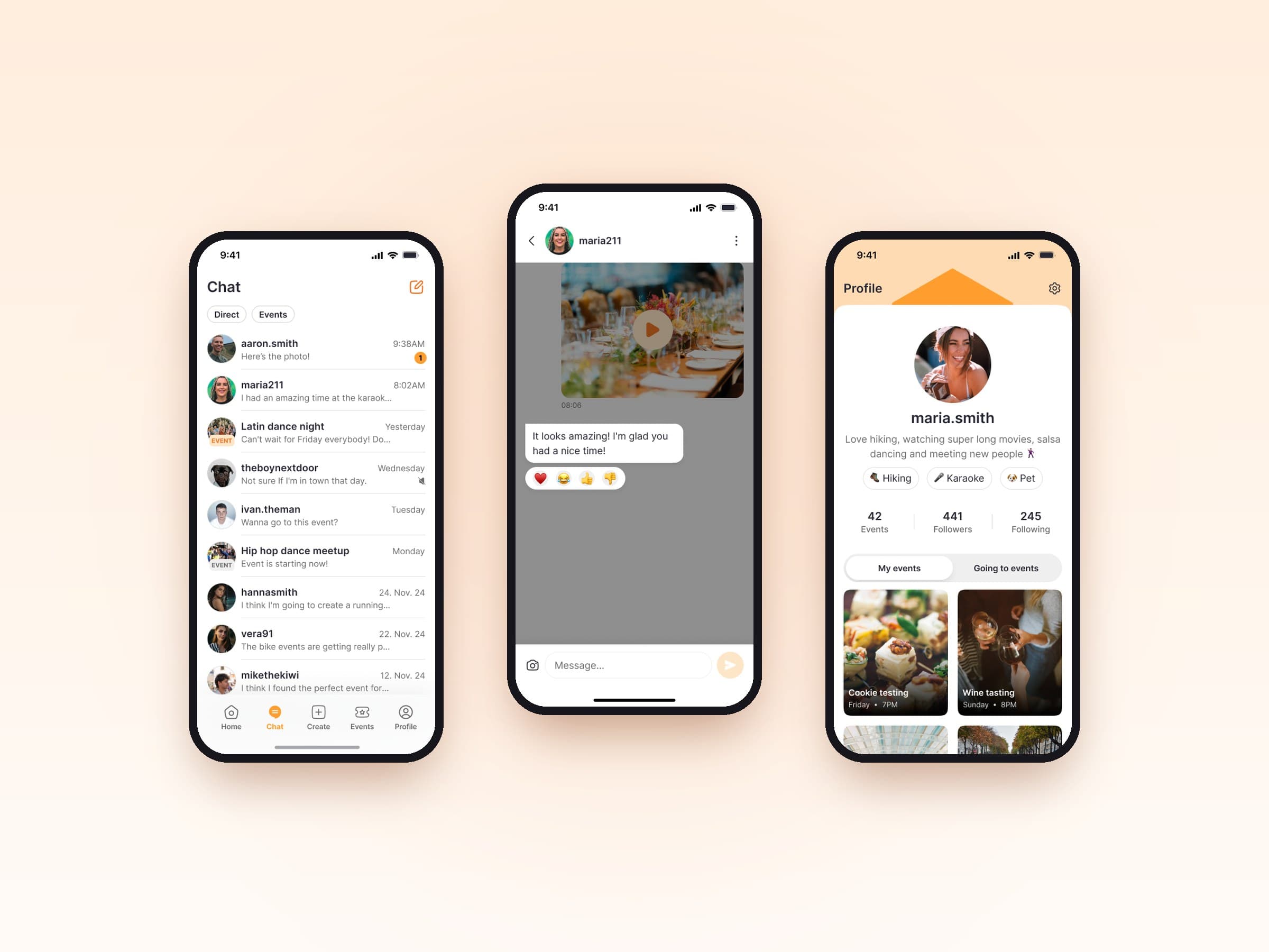 Common direct and event chats, a one-on-one chat with reactions, and a user profile with events