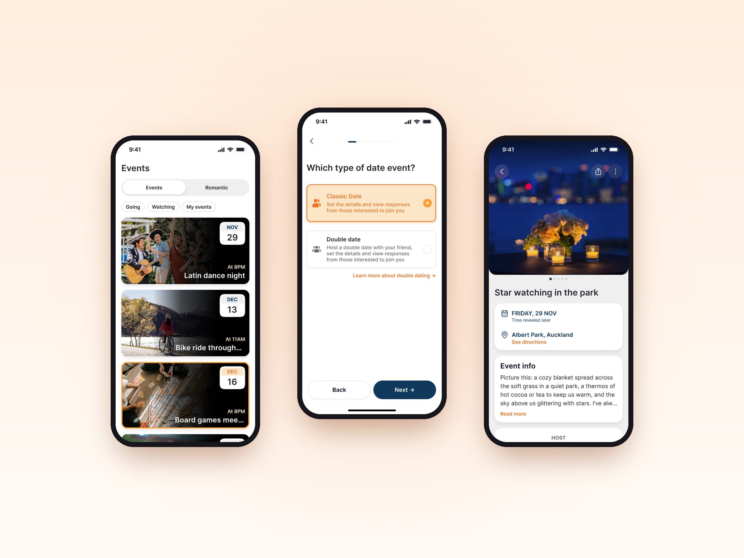 Common events list, choosing a classic or double date, and a date event with the time revealed later