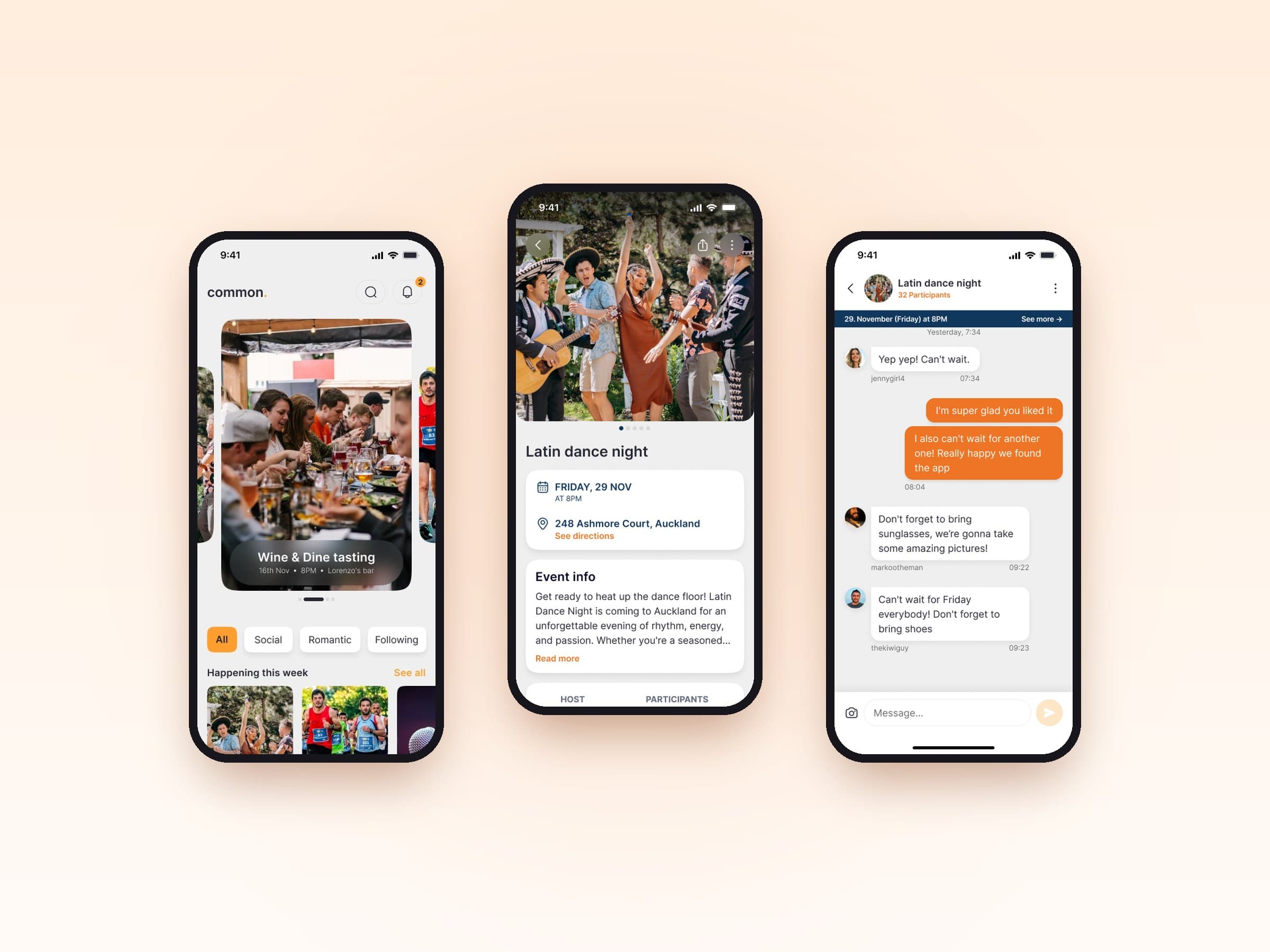 Common home feed, Latin dance night event details and the event group chat