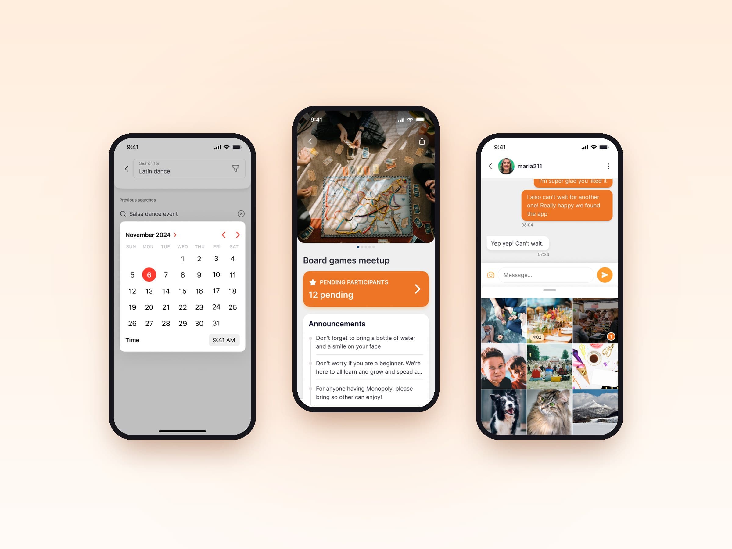 Common event search by date, a hosted event with 12 pending participants, and sharing photos in chat