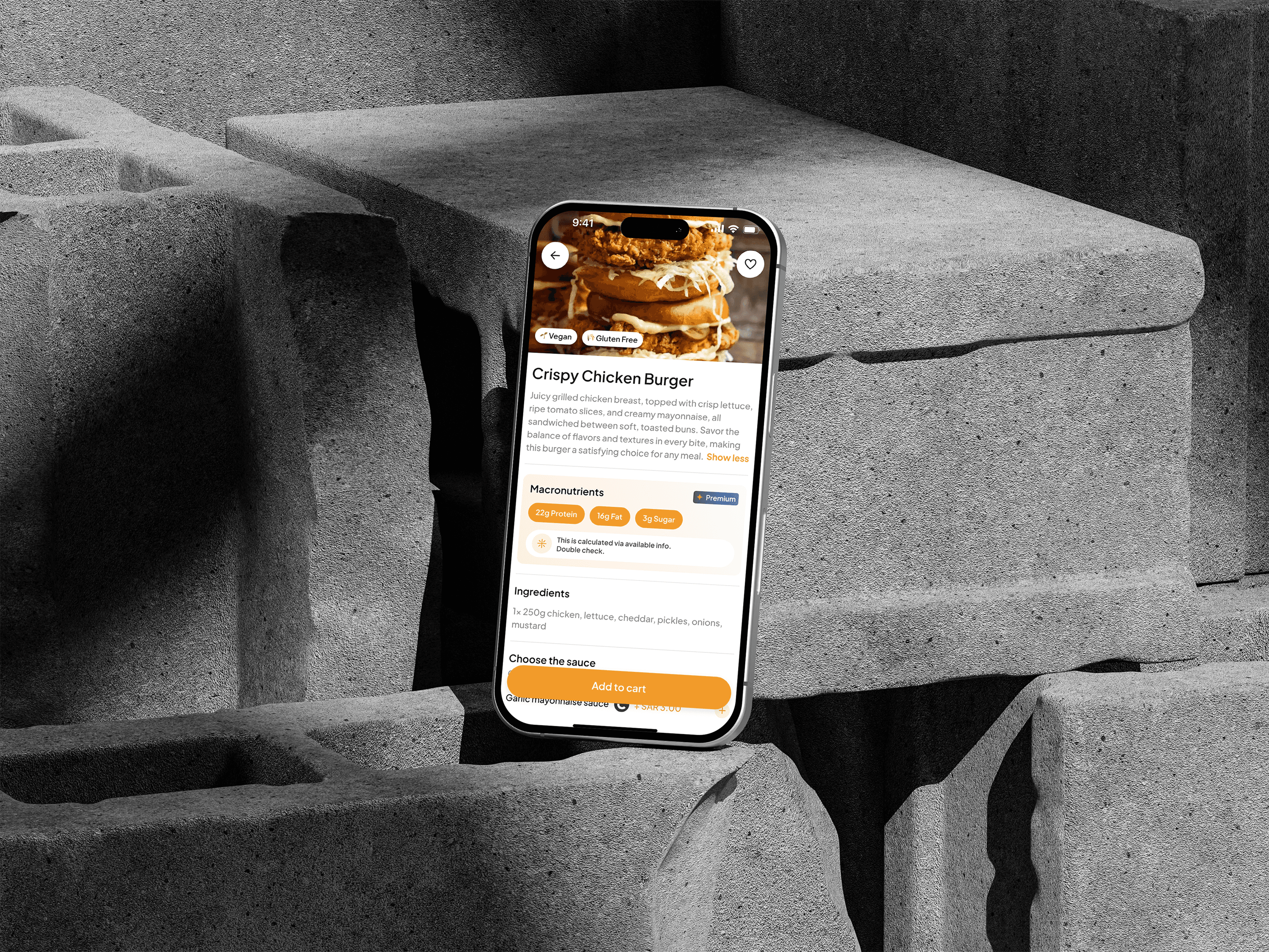 DeliveryAI dish details with dietary tags and macronutrients