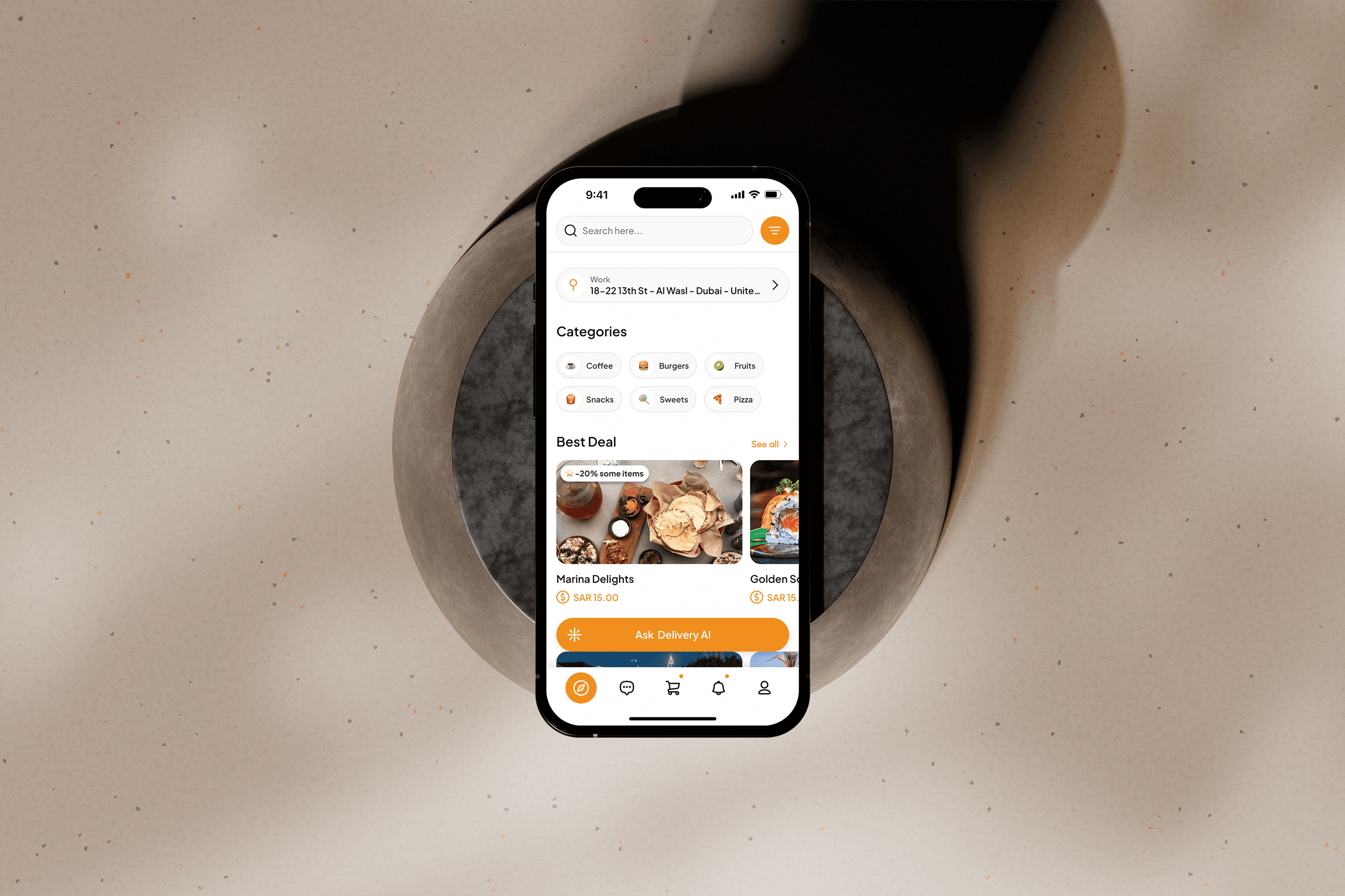 DeliveryAI home screen with categories and best deals