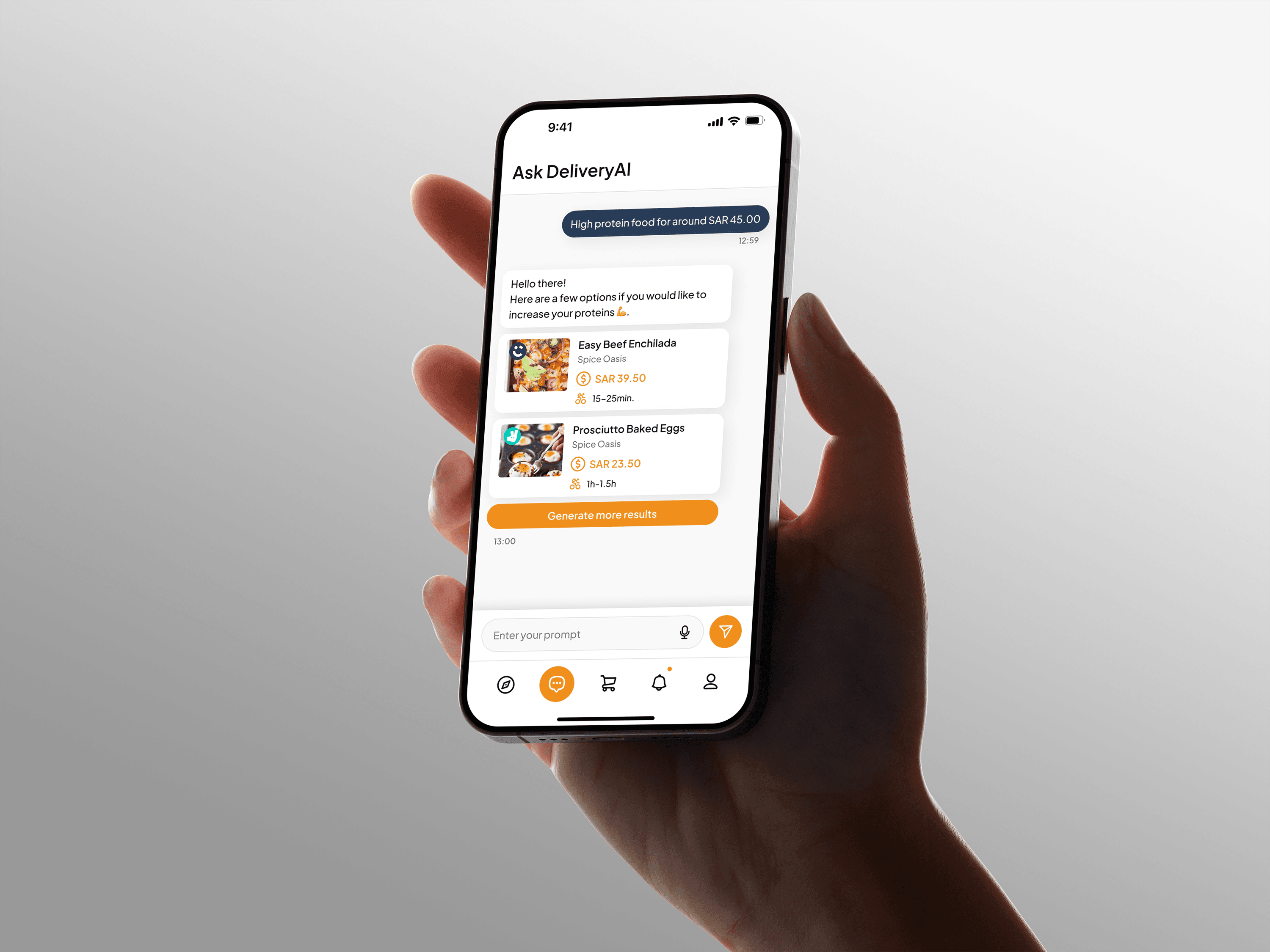 Ask DeliveryAI: asking for a high-protein meal under a budget and getting matching dishes