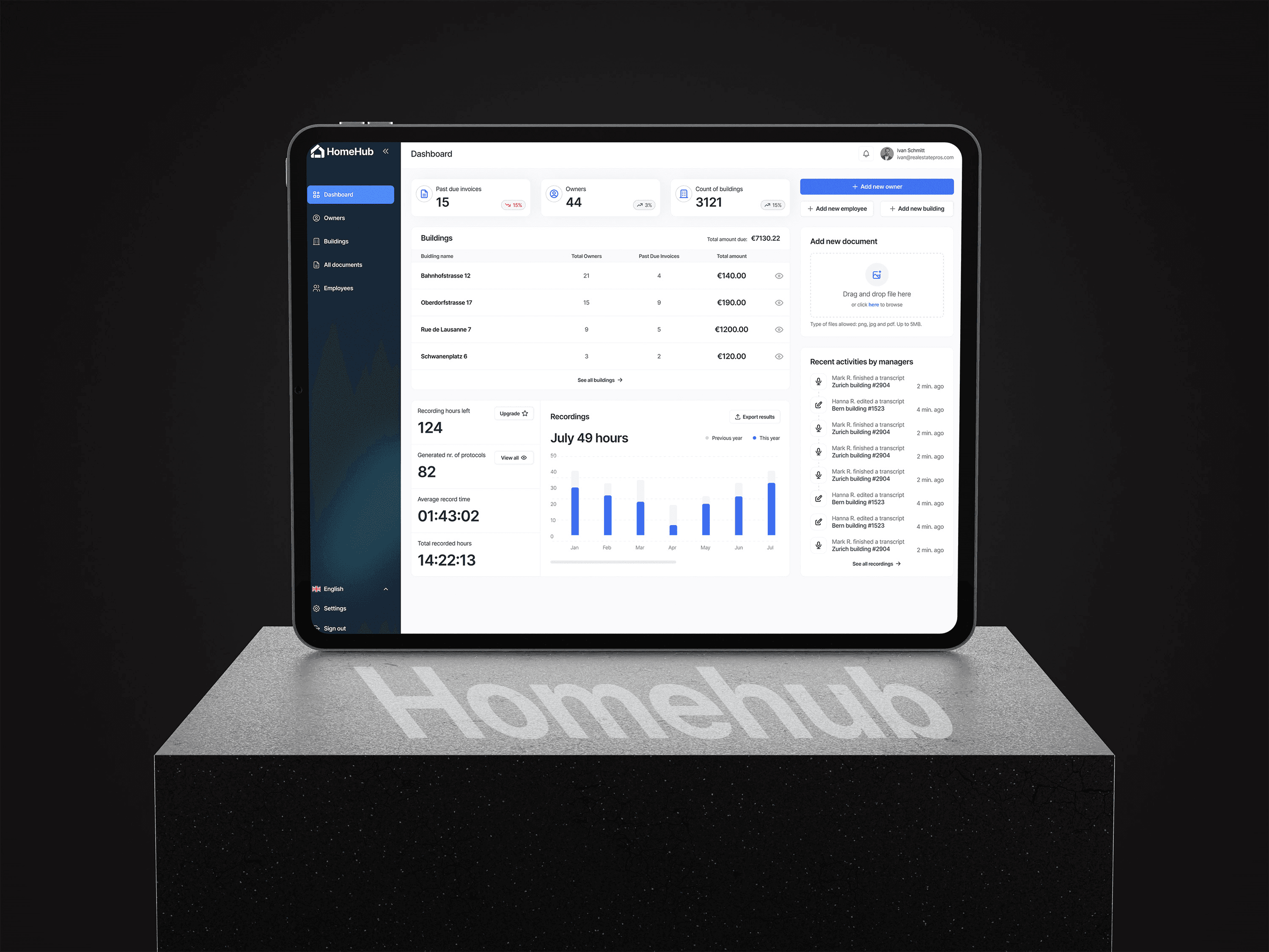 Homehub dashboard on a tablet: buildings, owners, past-due invoices and meeting recordings