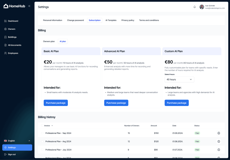 Homehub AI subscription plans