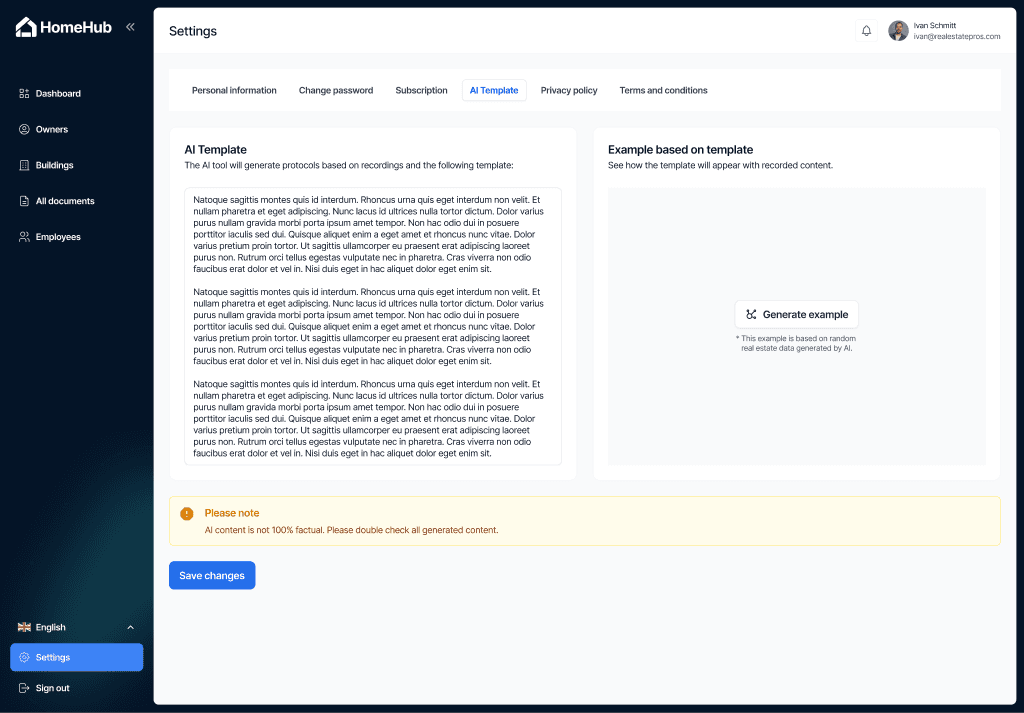Homehub AI protocol template settings