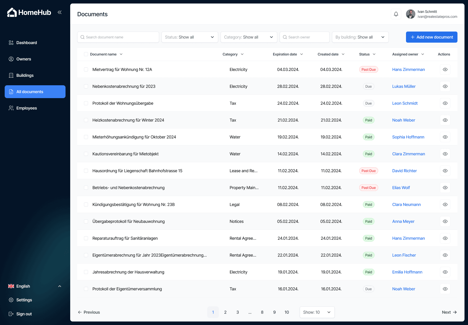 Homehub documents list with statuses and filters
