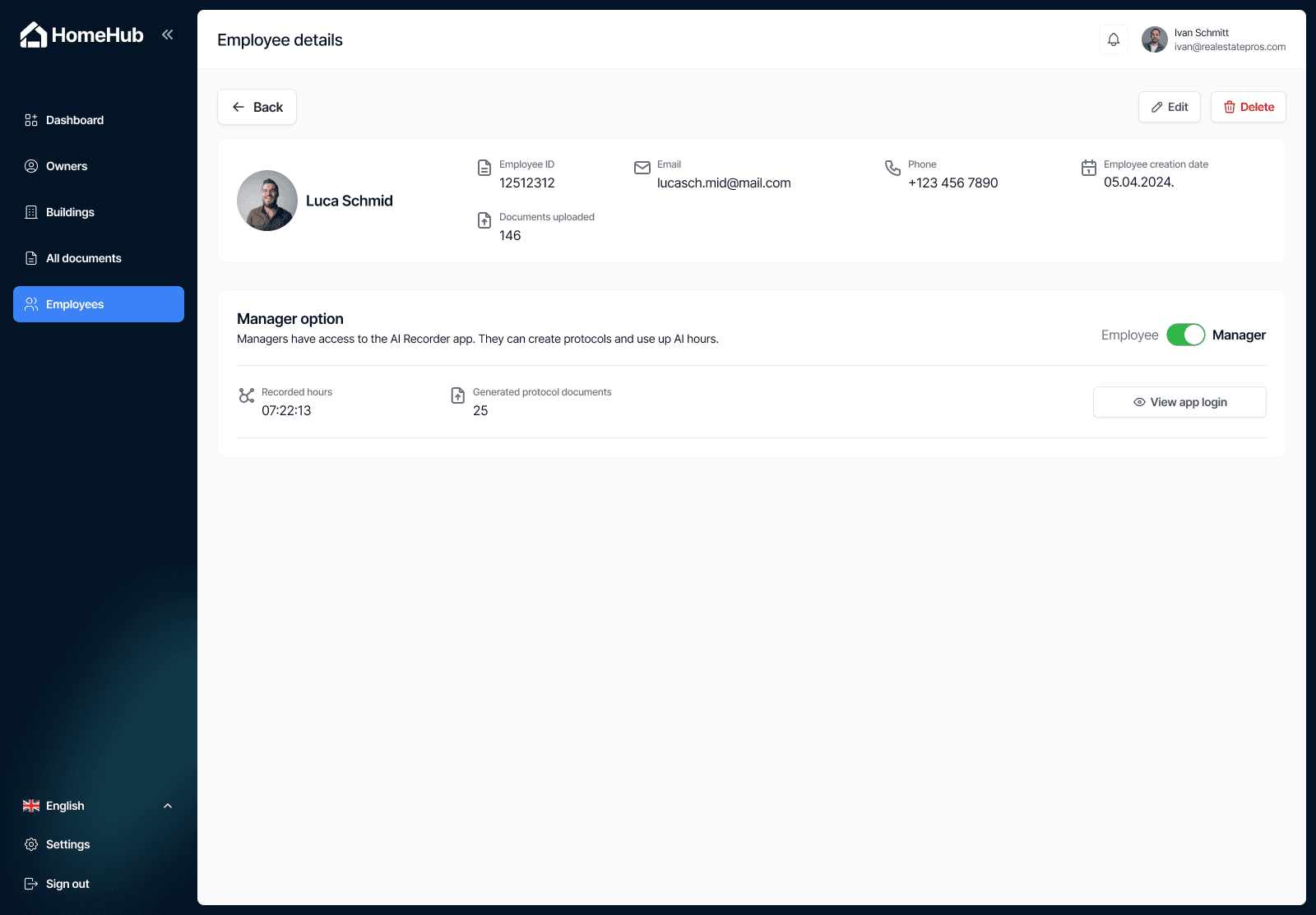 Homehub employee details with the manager option