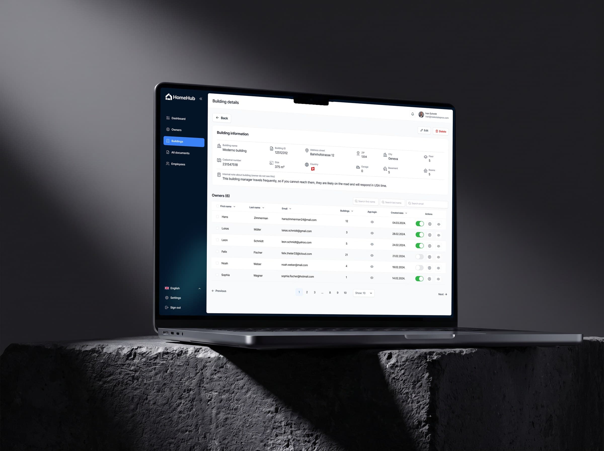 Homehub building details and owners on a laptop