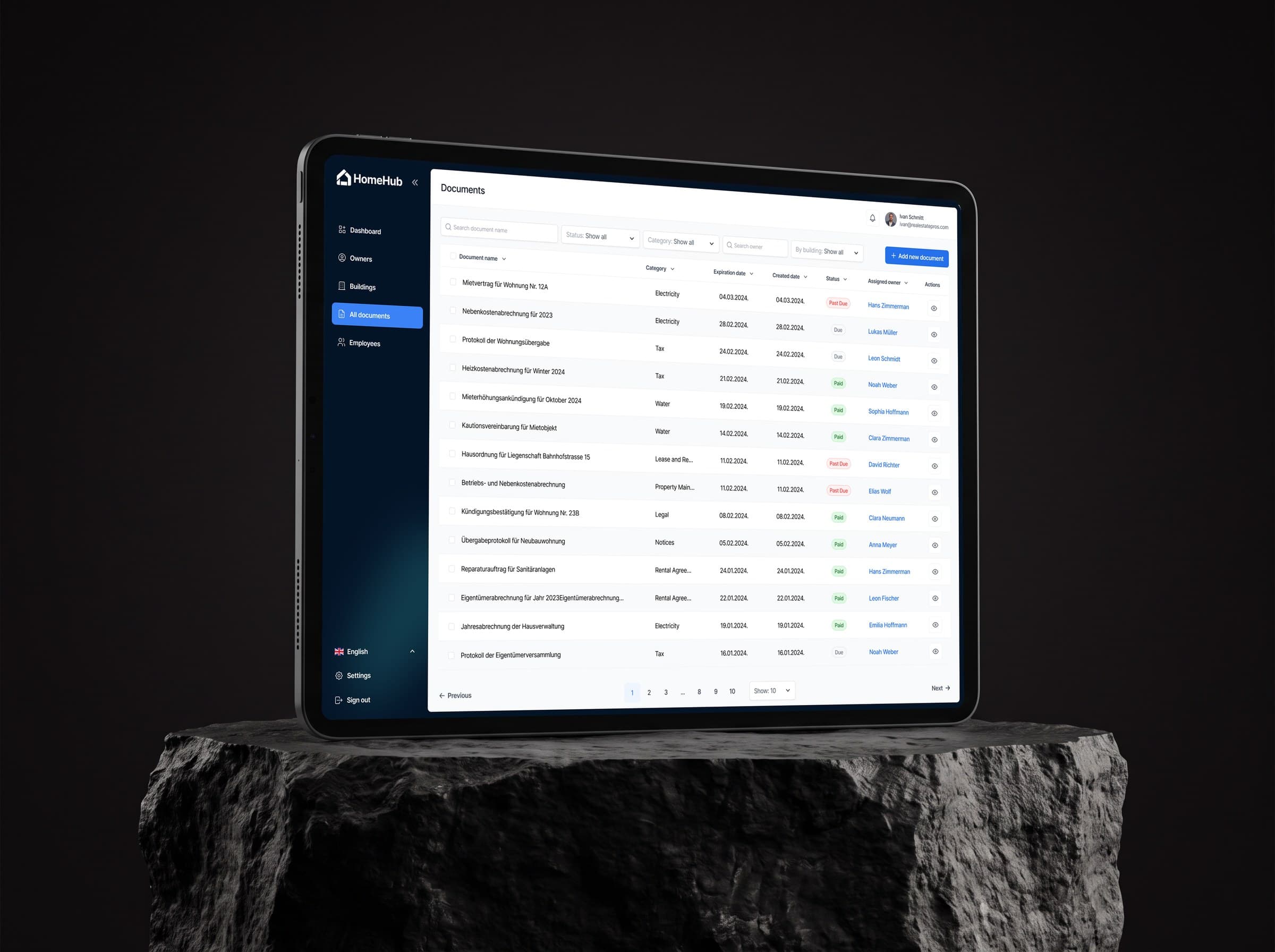 Homehub documents list on a tablet, with due, paid and past-due statuses