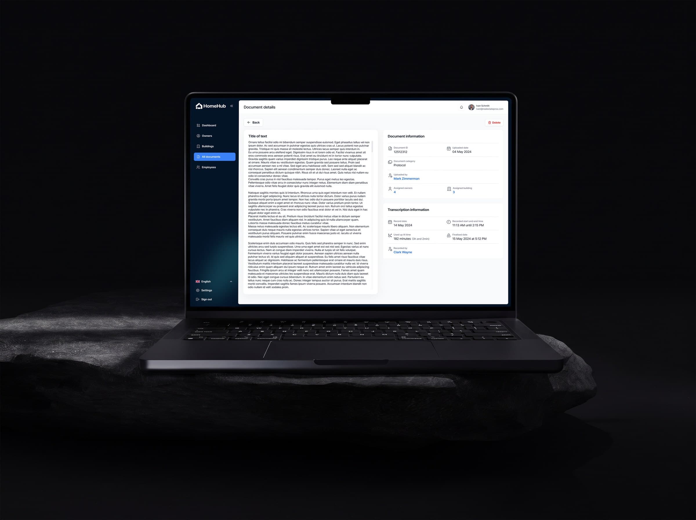 Homehub meeting protocol screen on a laptop: AI transcription details, record date and who recorded it