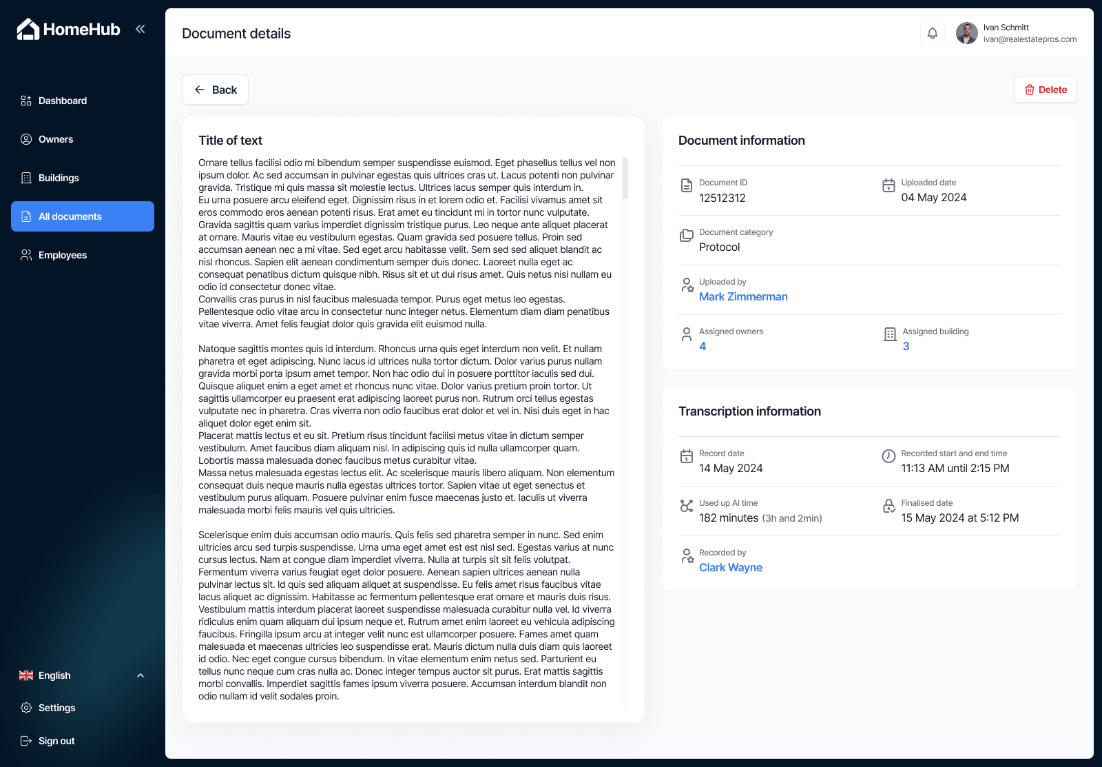 Homehub protocol page with transcription information