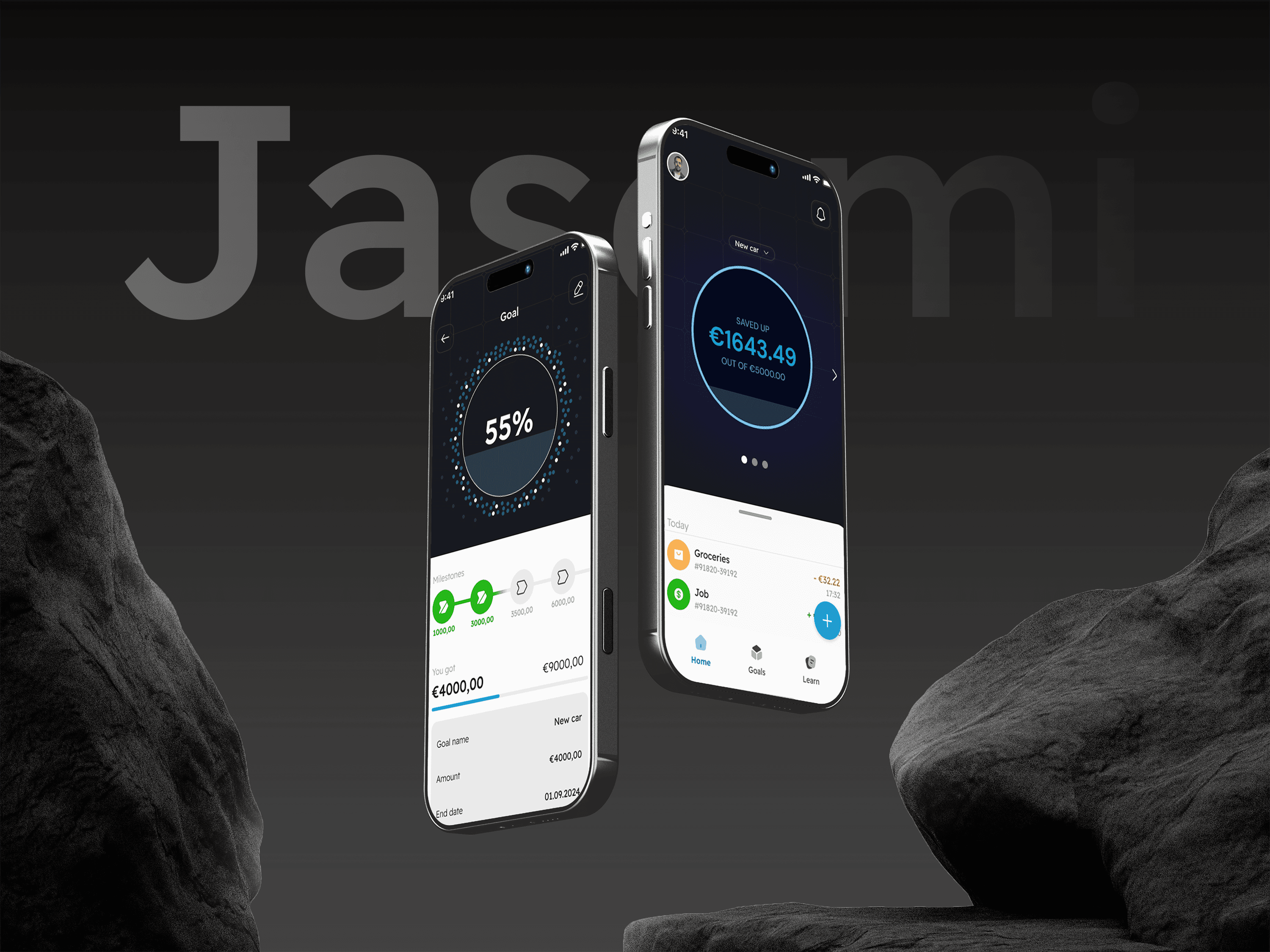 Jasomi budgeting app screens showing budget overview and spending categories