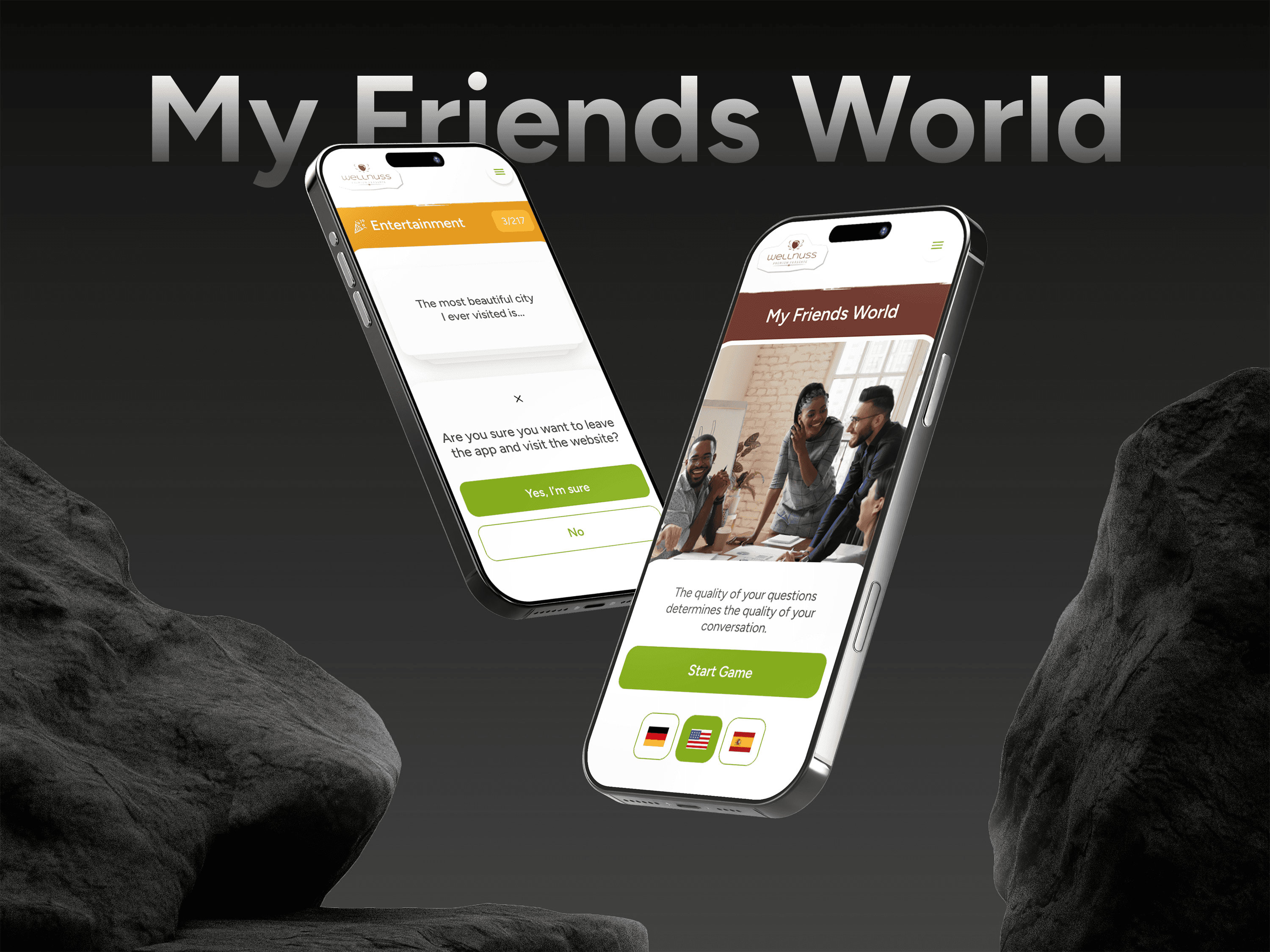 My Friends World quiz app on two phones