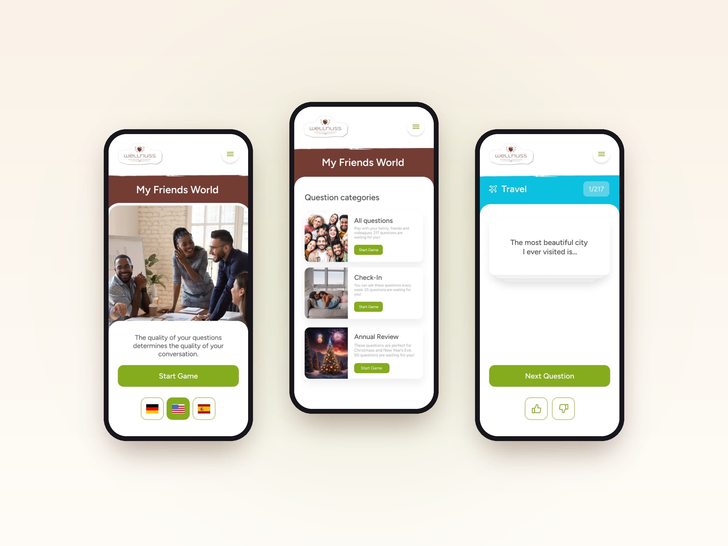 My Friends World: choose a language, pick a question category, answer a question