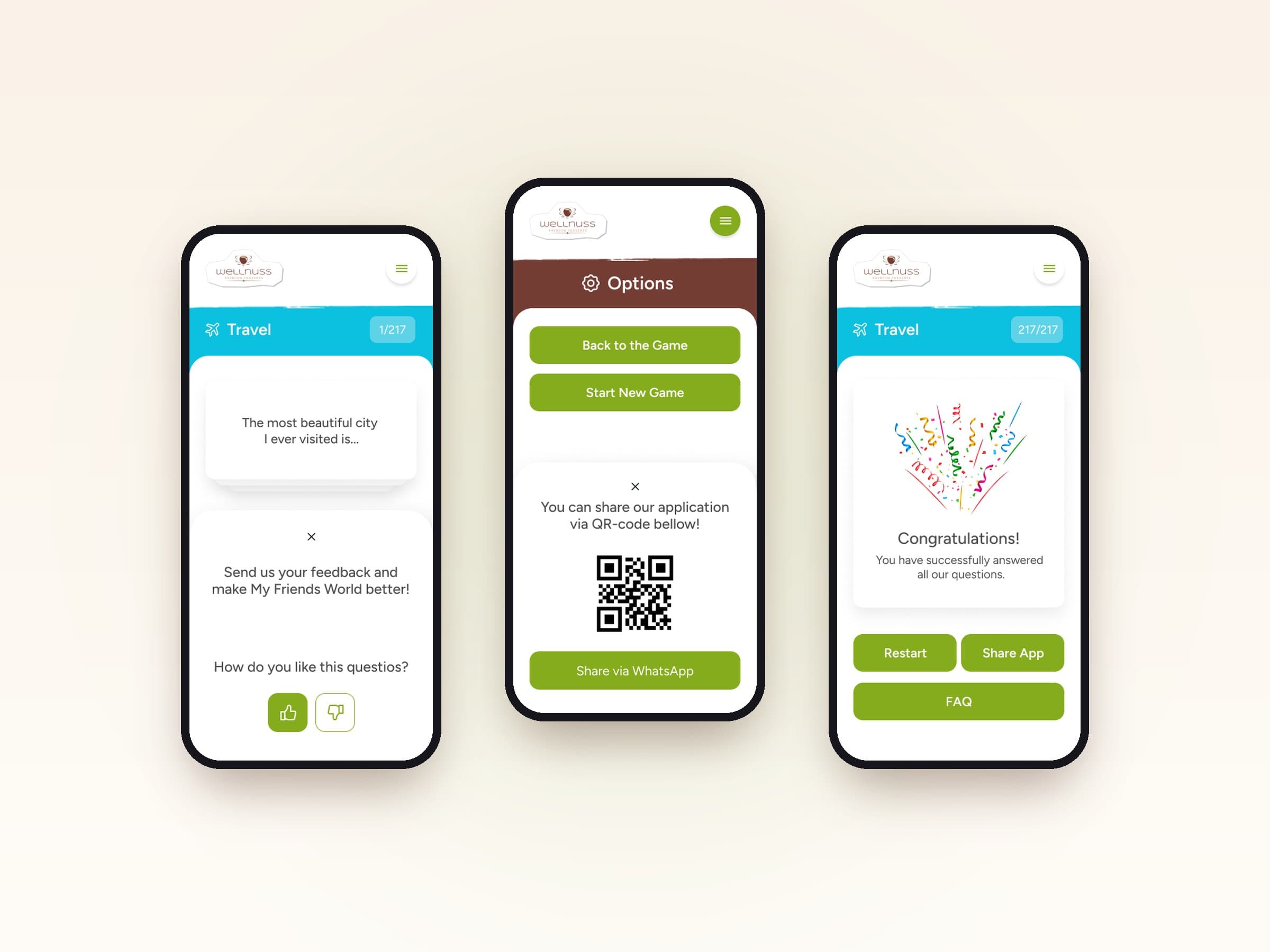 My Friends World: question feedback, sharing the app by QR code, and finishing all questions
