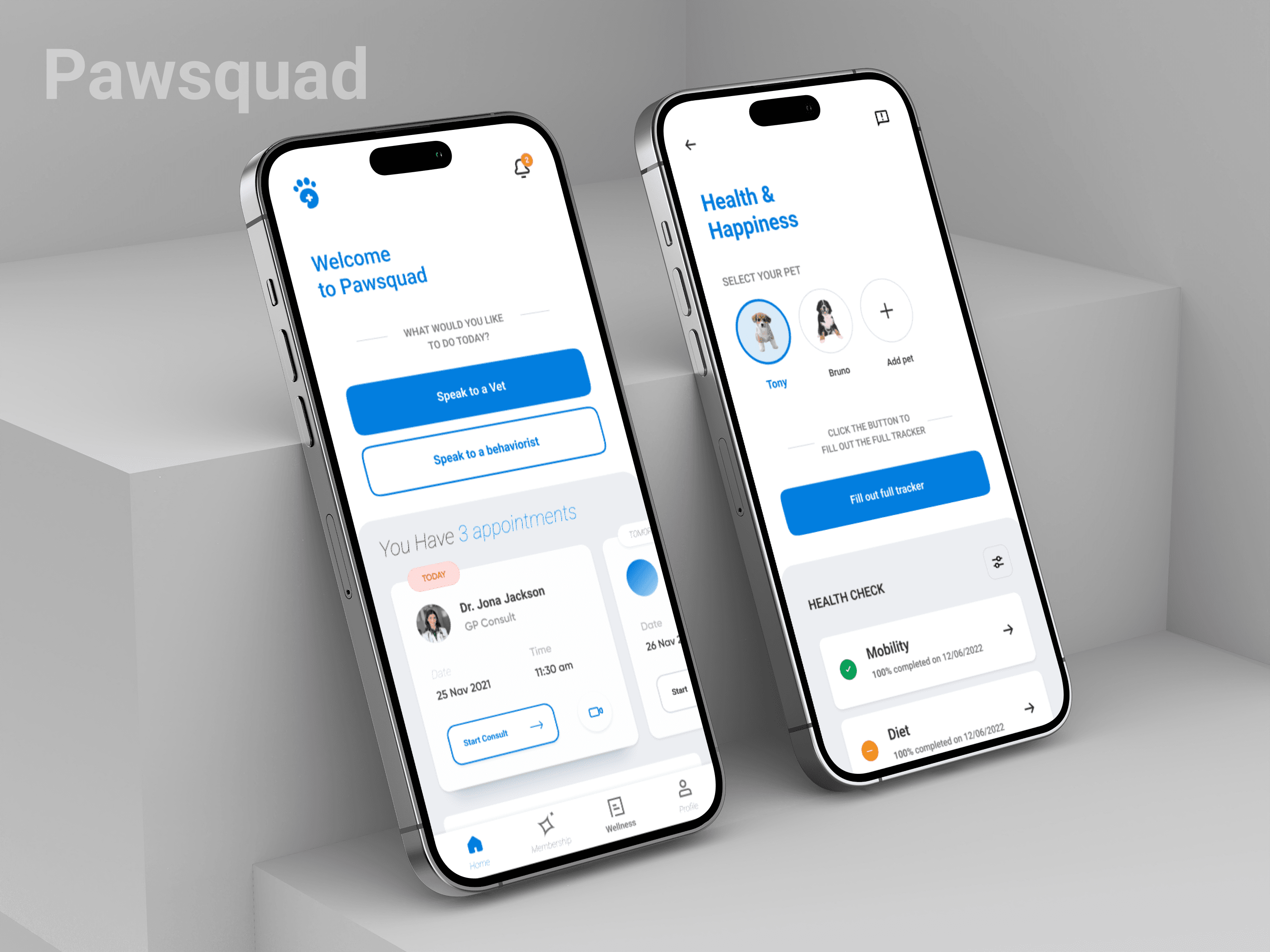 PawSquad mobile app screens for booking a video consultation with a vet